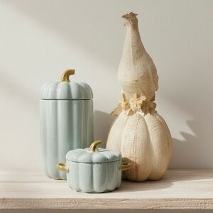 Pumpkin Canisters Light Blue Pheasant Figurine Farmhouse Country Garden Decor